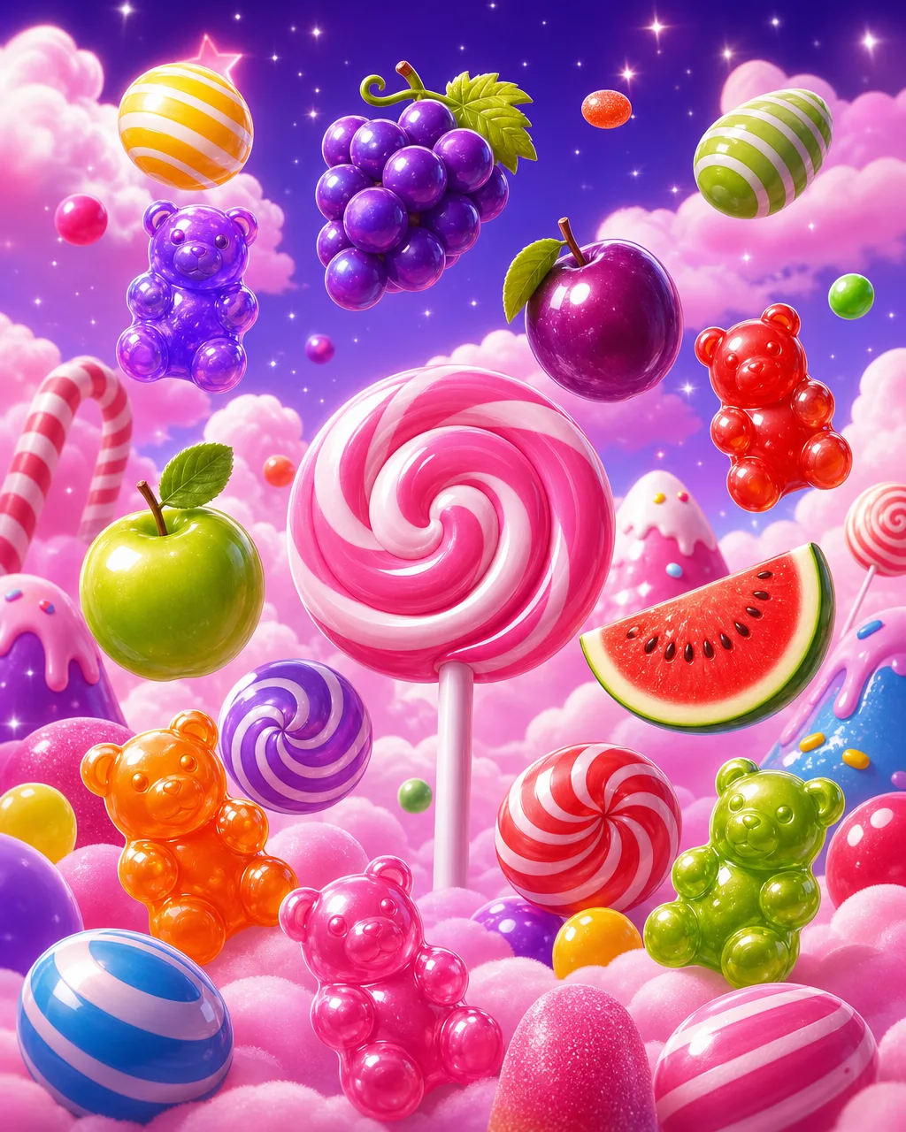 Sweet Bonanza स्लॉट का कवर — रंग-बिरंगे फल और मिठाइयां