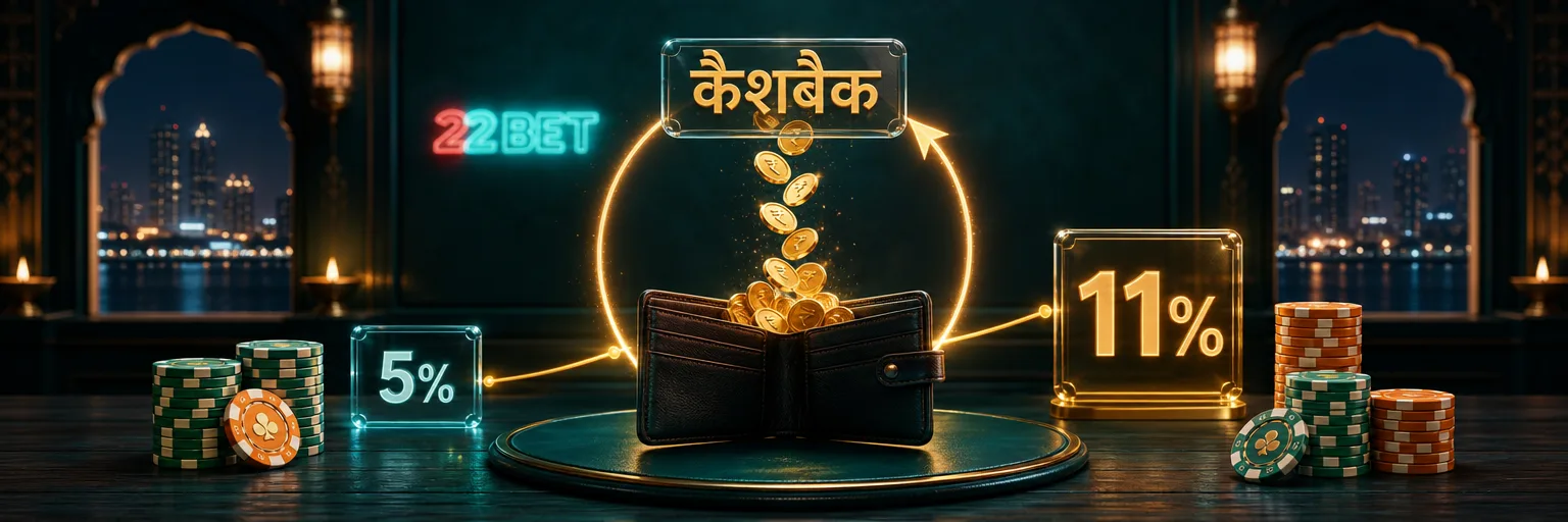 वॉलेट में लौटते सिक्के — 22बेट का कैशबैक VIP लेवल के हिसाब से 5% से 11% तक