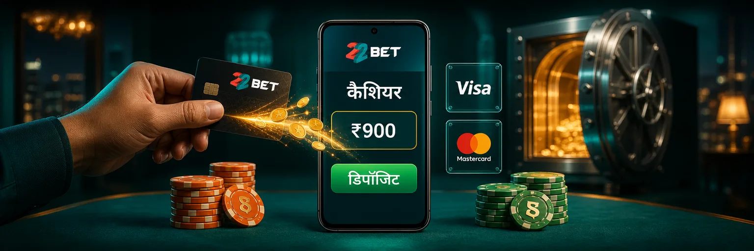22बेट का कैशियर — ₹900 की डिपॉजिट राशि, डिपॉजिट बटन और Visa व Mastercard के लोगो