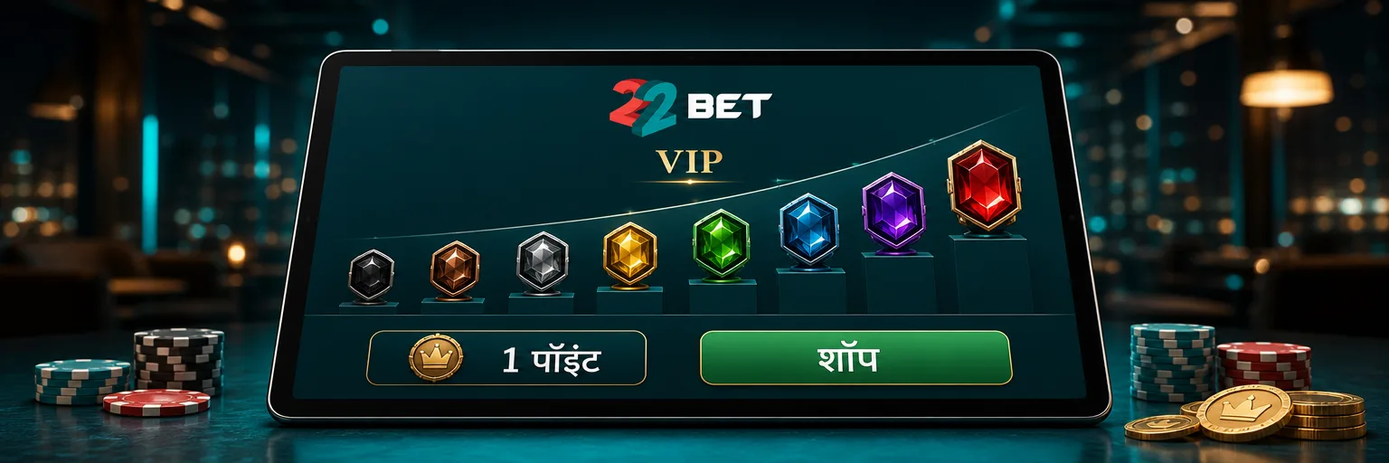 22बेट की VIP सीढ़ी — Copper से VIP Status तक आठ लेवल, पॉइंट्स काउंटर और शॉप बटन